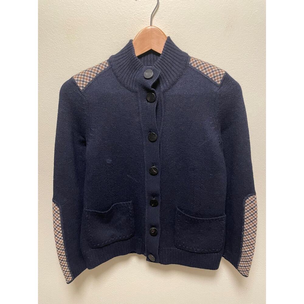 Aquascutum Womens Cardigan Medium Blue Plaid Trim Merino Wool Preppy Academia